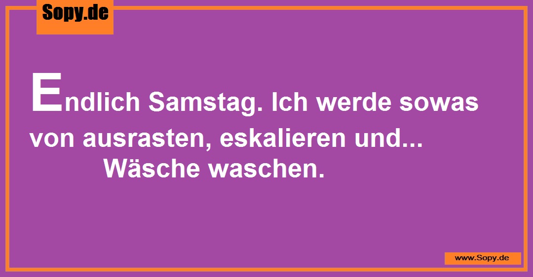 Lustiges Spruchbild zu Endlich Samstag: Endlich Samstag: Endlich Samstag. Ich werde sowas von ausrasten, eskalieren und... Wäsche waschen.