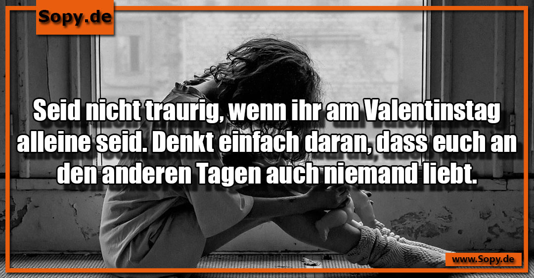Lustiges Spruchbild zu Valentinstag alleine: Valentinstag alleine: Seid nicht traurig, wenn ihr am Valentinstag alleine seid. Denkt einfach daran, dass euch an den anderen Tagen…