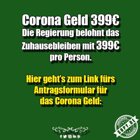 Corona-Geld Fake: Angeblich 399 Euro fürs Zuhausebleiben