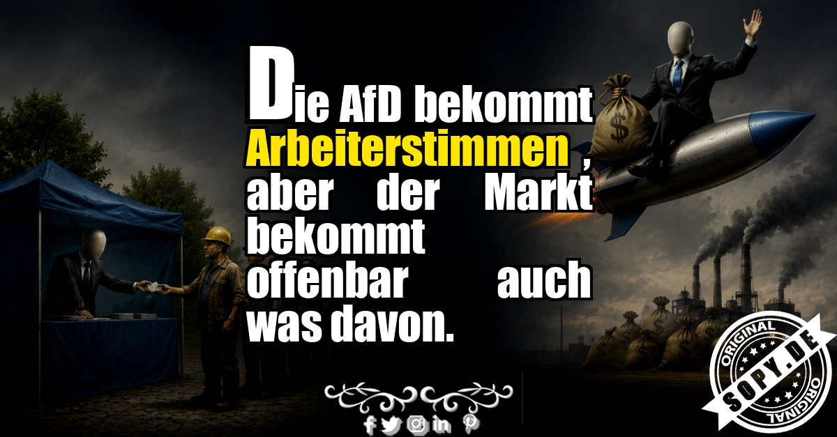Karikatur zeigt Arbeiter vor AfD-Stand mit marktliberalem Preisschild