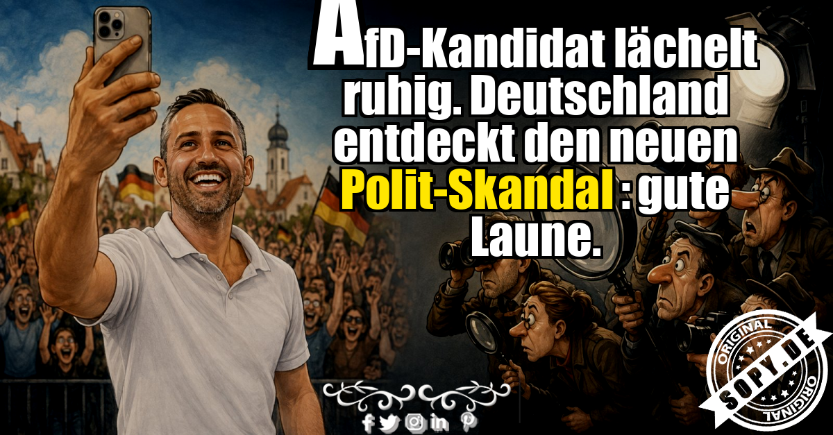 Karikatur zeigt AfD-Kandidat symbolisch lächelnd unter riesiger Medienlupe