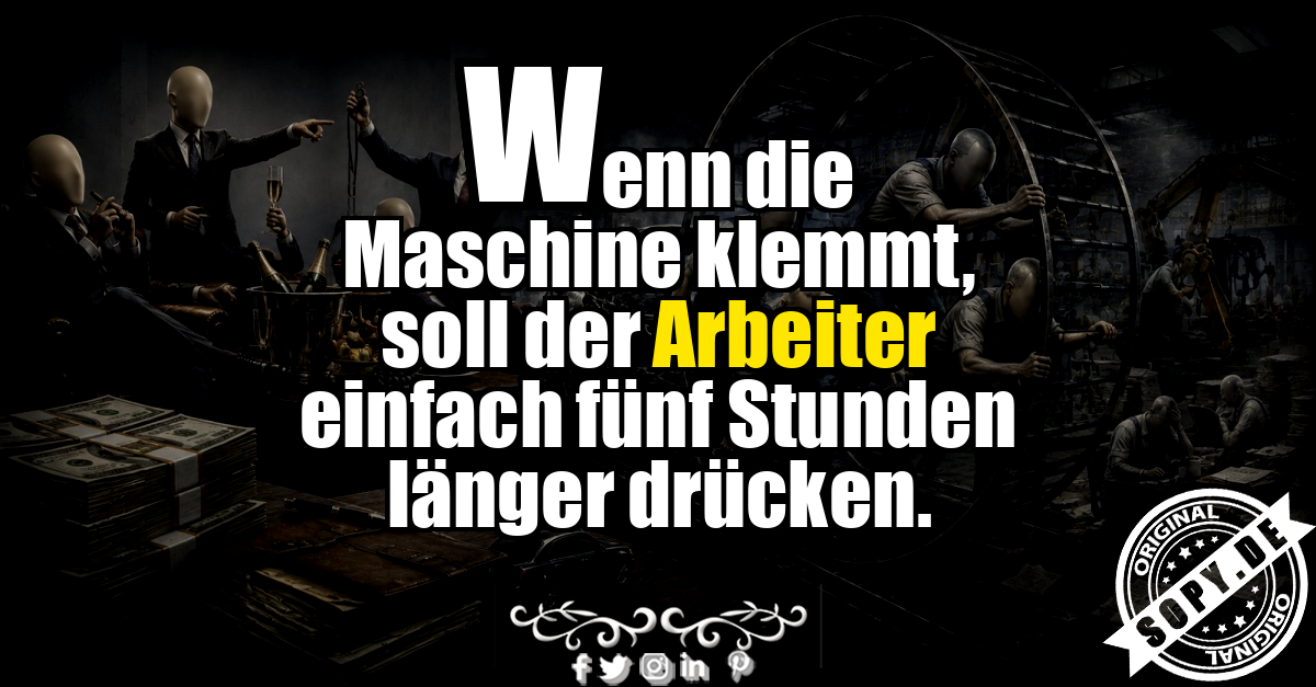 Arbeitszeit Karikatur mit Arbeiter vor riesiger defekter Industriemaschine