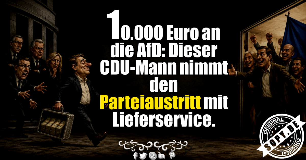 Karikatur zeigt CDU-Politiker mit Geldkoffer auf dem Weg zur AfD