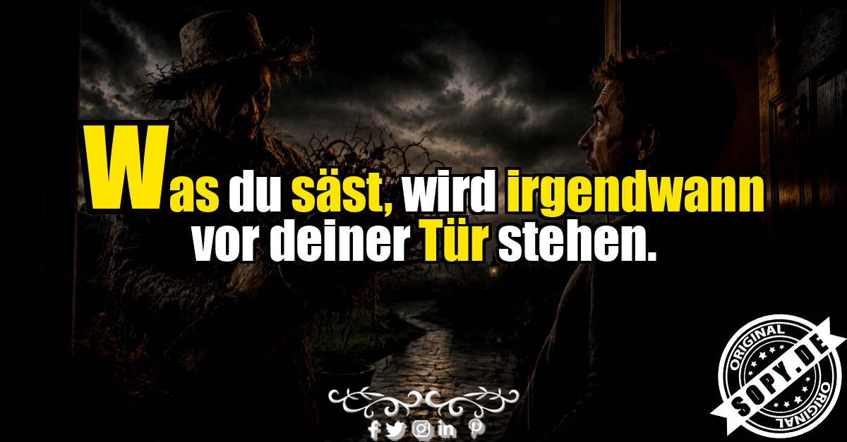 Erschrockener Mann öffnet einem unheimlichen Erntewesen die Tür