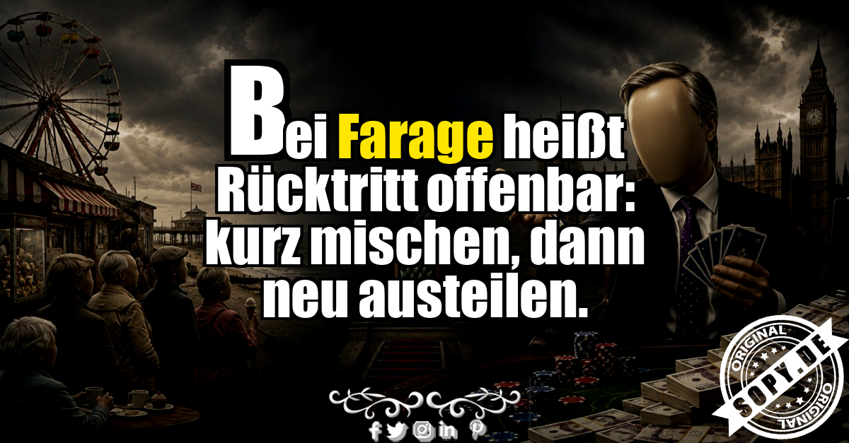 Farage als Symbolfigur an satirischem Pokertisch vor britischer Wahlkulisse