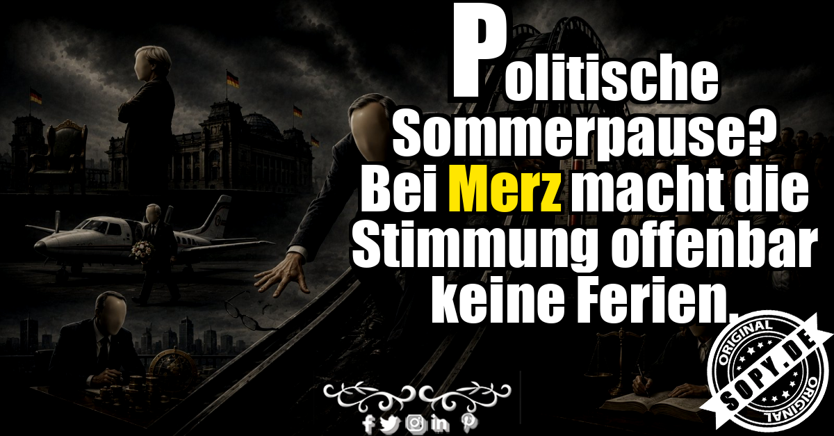 Friedrich Merz als Karikatur unter dunkler politischer Stimmungskurve im Sommer