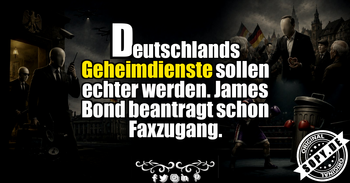 Geheimdienste treffen in Karikatur auf Agentenkoffer und deutsches Amtsbüro
