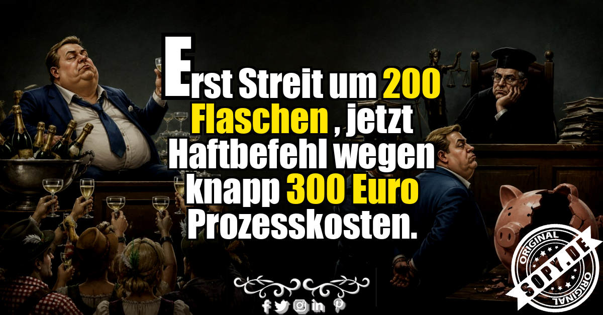 Haftbefehl als Karikatur zwischen Champagner, Gericht und leerem Sparschwein