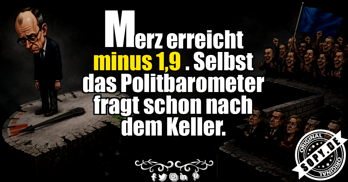 Karikatur zeigt Merz symbolisch auf sinkender Politbarometer-Anzeige im Keller