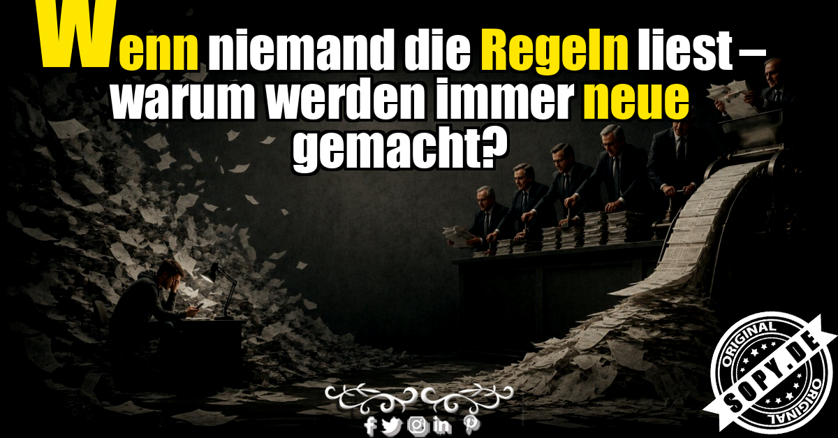 Papierstapel und ueberforderter Mensch symbolisieren endlose Regeln eindrucksvoll