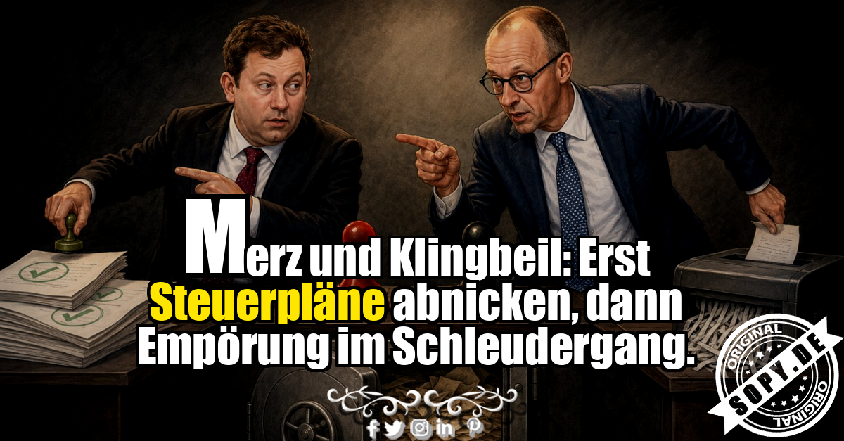 Karikatur zeigt Merz und Klingbeil im wilden Steuer-Schleudergang der Koalition