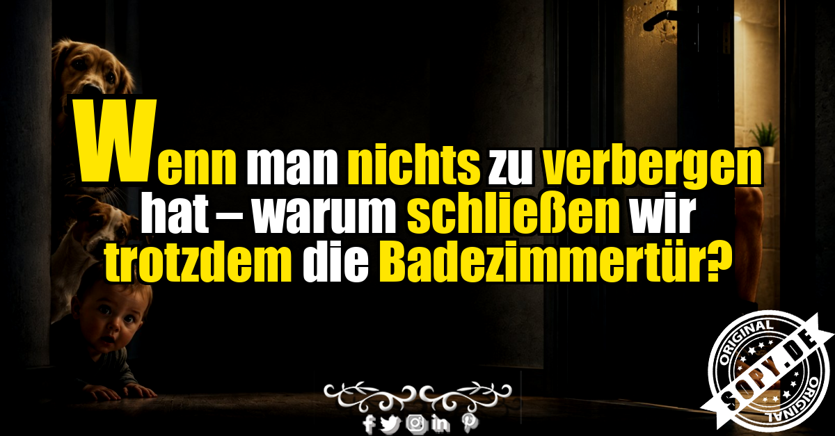 Haustiere und Baby schauen neugierig in Richtung Badezimmertür