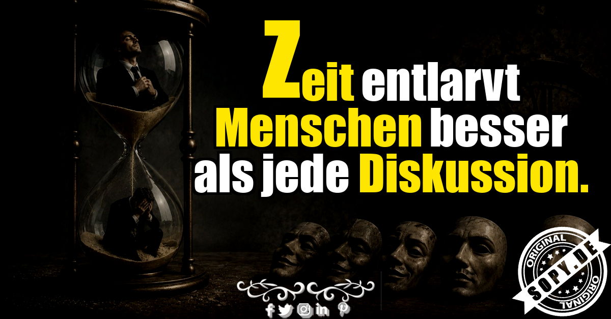 Zeit enthüllt Menschen hinter Masken neben einer dunklen Sanduhr