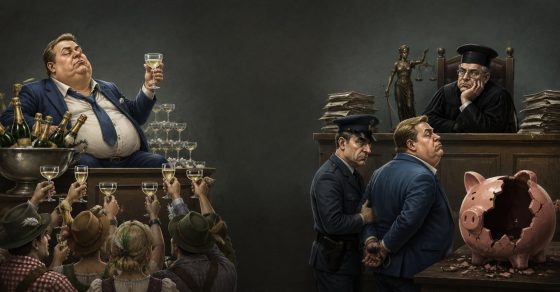 Haftbefehl als Karikatur zwischen Champagner, Gericht und leerem Sparschwein