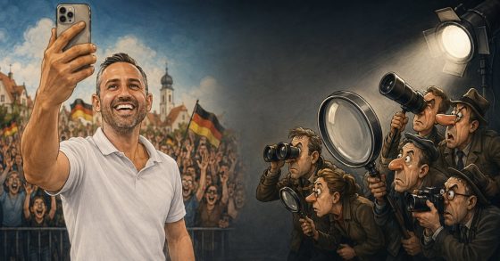 Karikatur zeigt AfD-Kandidat symbolisch lächelnd unter riesiger Medienlupe