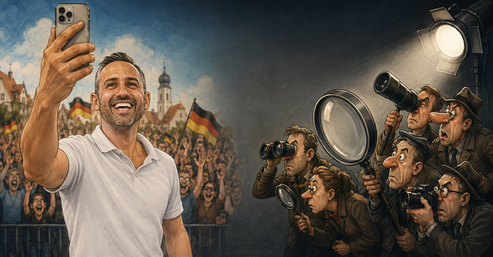 Karikatur zeigt AfD-Kandidat symbolisch lächelnd unter riesiger Medienlupe
