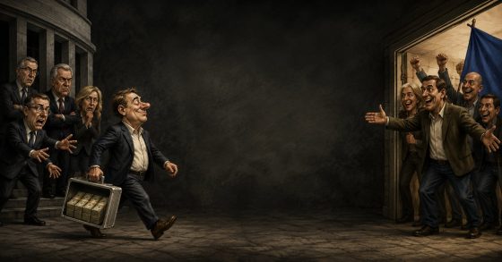 Karikatur zeigt CDU-Politiker mit Geldkoffer auf dem Weg zur AfD
