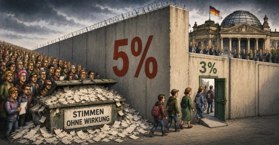 Karikatur zeigt Fünf-Prozent-Hürde als hohe Schranke vor dem Bundestag