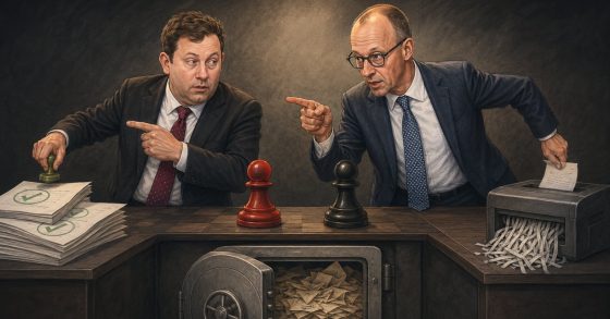 Karikatur zeigt Merz und Klingbeil im wilden Steuer-Schleudergang der Koalition