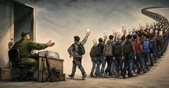 Karikatur zeigt Wehrerfassung und lange Schlange junger Kriegsdienstverweigerer vor Amt