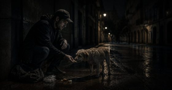 Mann hilft nachts einem Hund und zeigt dabei Charakter