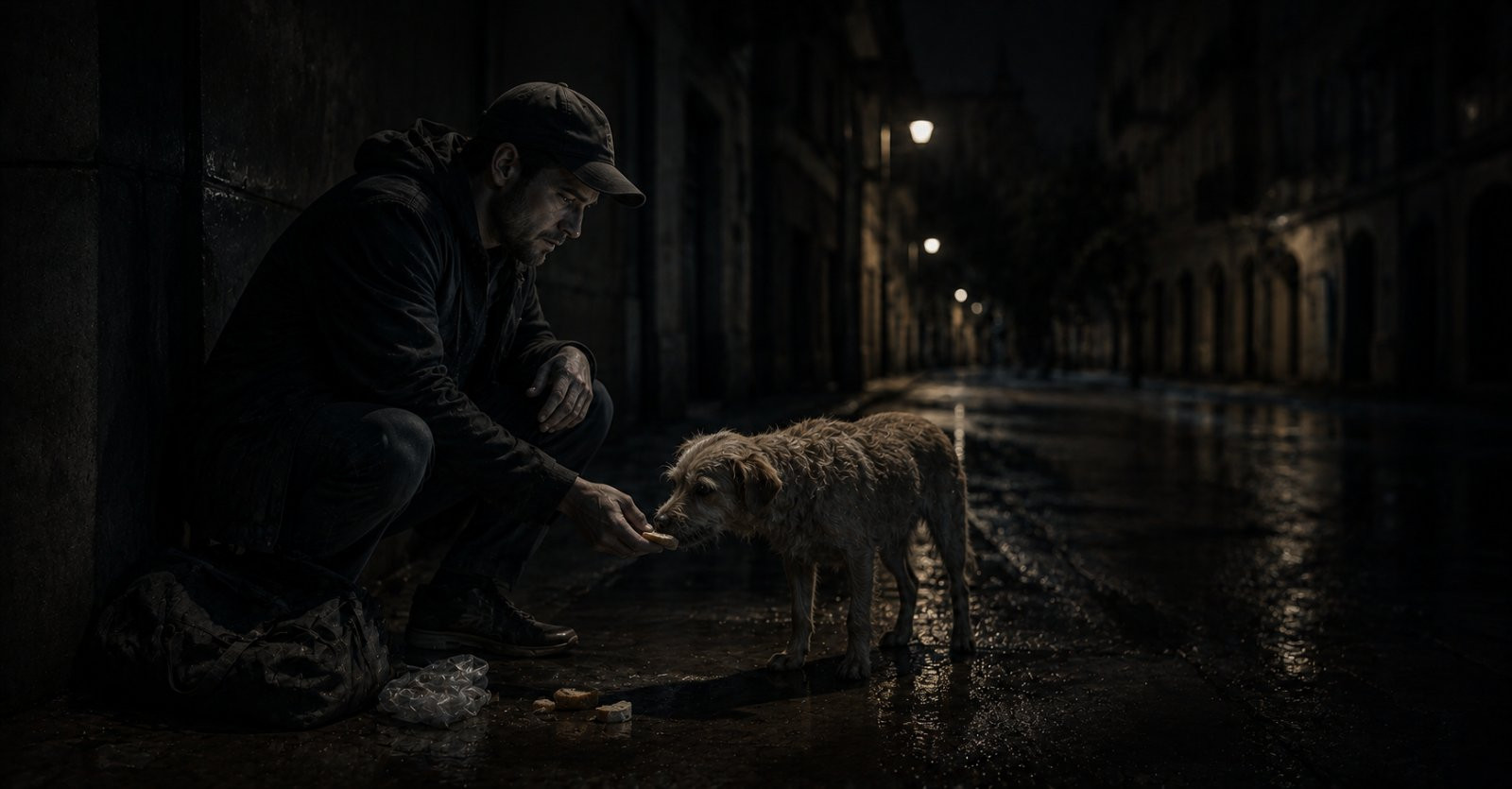 Mann hilft nachts einem Hund und zeigt dabei Charakter