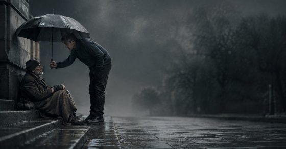 Respekt durch stille Hilfe für einen Mann im Regen