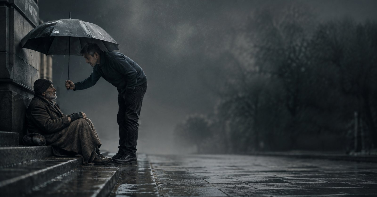 Respekt durch stille Hilfe für einen Mann im Regen
